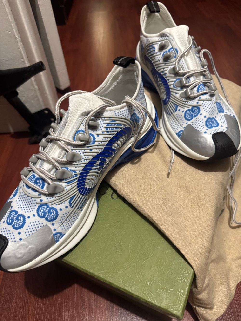 Gucci White and Blue GG Mesh Runner Sneakers